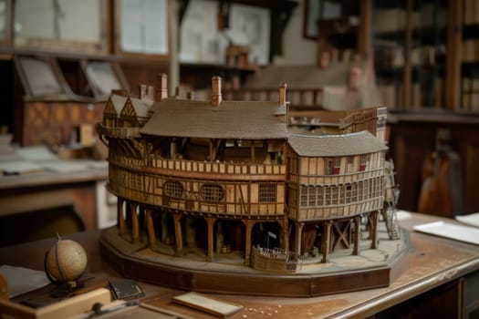 An intricately detailed wooden model of the historic Globe Theater, representing Shakespearean architecture and Elizabethan playhouses