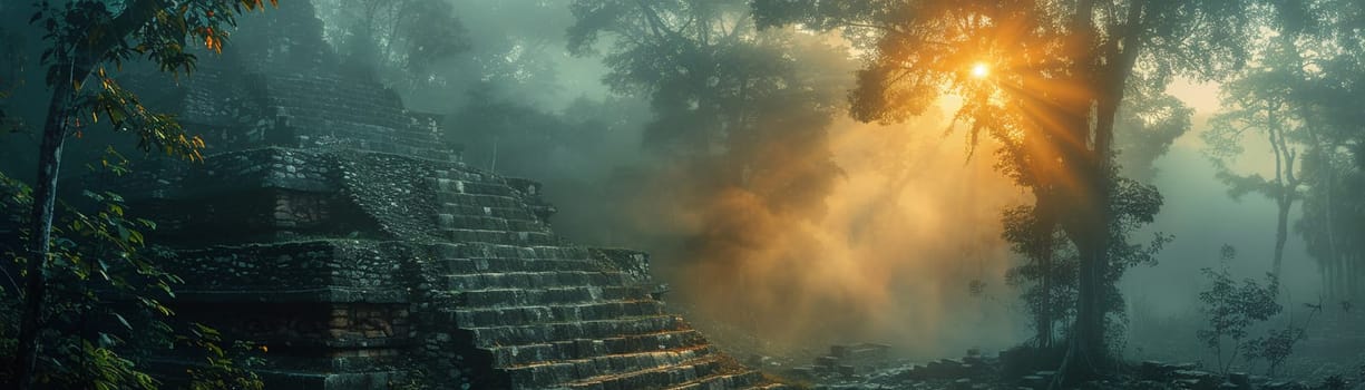 Mayan Pyramid Edges Blurring into a Jungle Canopy, The structure's silhouette merges with the foliage, a relic of Mesoamerican spirituality.