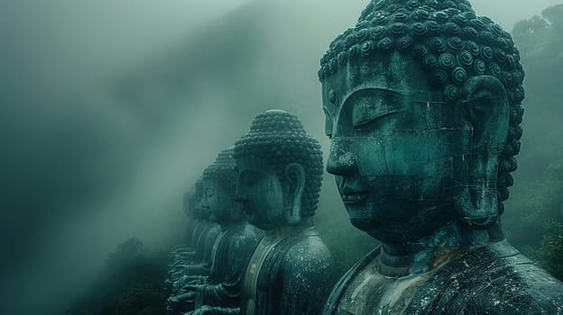 Bodhisattva Statues in Misty Mountain Temples, The figures blur into the mist, embodying compassion and the path to enlightenment.