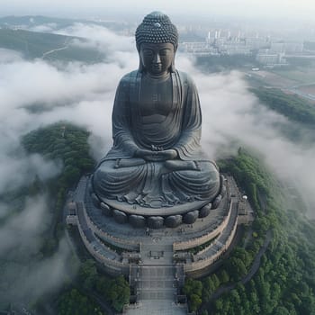 Giant Buddha Statue Overlooking a Misty Landscape, The majestic figure merges with the fog, a sentinel of peace and enlightenment.