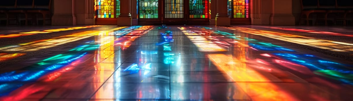 Stained Glass Window Casting Colored Light on a Church Floor, The vibrant hues blend and blur, telling biblical stories in light.