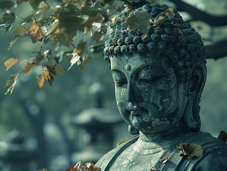 Bodhi Tree Leaves Rustling with Enlightenment's Whisper, The leaves blur into a symbol of the tree under which Buddha found awakening.