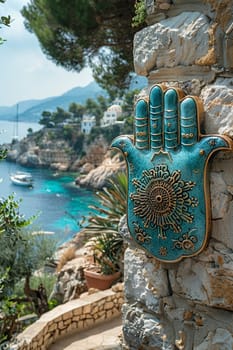 Hamsa Hand Amulets Overlooking a Mediterranean Seascape, The protective symbols blur with the sea, guarding against the evil eye.