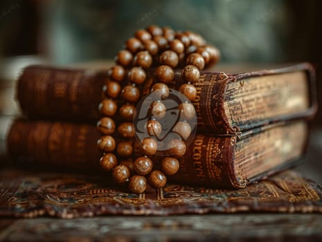 Rosary Beads Draped Over a Weathered Prayer Book, The beads and text blur together, a Catholic emblem of prayer and reflection.