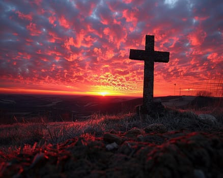 Symbolic Cross Silhouette Against a Dramatic Sky, The stark outline against changing skies captures the enduring symbol of faith and hope.