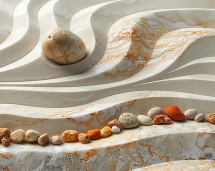 Tranquil Zen Garden Raked into Patterns of Harmony, The soft lines in sand suggest mindfulness and the pursuit of spiritual balance.