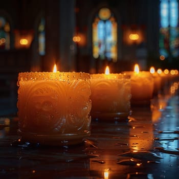 Glowing Candles in a Darkened Sanctuary Signifying Light and Guidance, The soft light blurs into a symbol of warmth and divine presence.