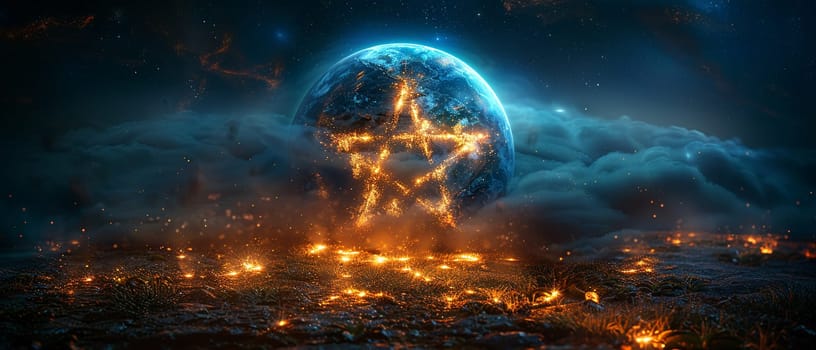 Wiccan Pentacle Embraced by a Circle of Nature's Elements, The starry symbol blurs into the earth, representing life and cosmic harmony.