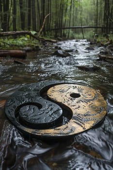 Taoist Yin Yang Symbol Painted on a Tranquil Pond, The duality of shapes merges with water, embodying balance and philosophy.