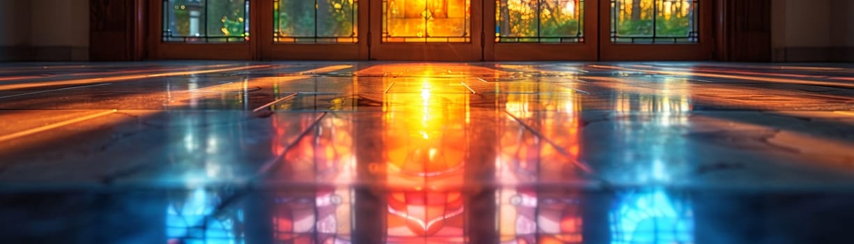 Stained Glass Window Casting Colored Light on a Church Floor, The vibrant hues blend and blur, telling biblical stories in light.