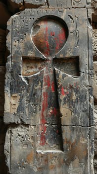 Ankh Symbol Carved into an Ancient Egyptian Temple Wall, The key of life merges with stone, representing eternal life and the divine.