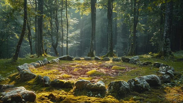 Druidic Circles Standing Silent in a Forest Clearing, The stones blur into a sacred space, rooted in nature and the old ways.