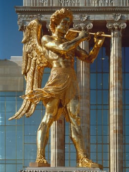 Mormon Angel Moroni Statue Trumpeting atop a Temple, The figure blends with the sky, a herald of faith and the Latter-Day Saints.