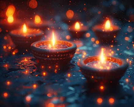 Hindu Diya Lamps Casting Soft Glows for Diwali, The lights blur together, celebrating the victory of light over darkness.