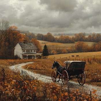 Amish Horse and Buggy Blending into a Rural Landscape, The simple life blurs into the fields, a dedication to community and tradition.
