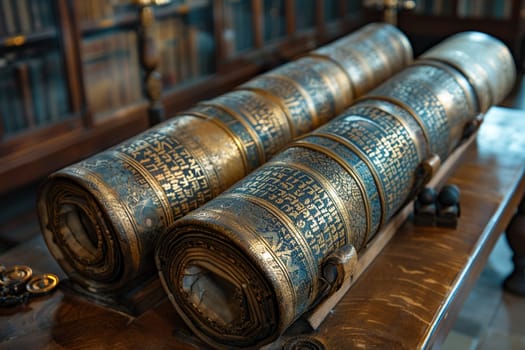 Torah Scrolls Safely Housed in a Softly Lit Ark, The sacred text blurs slightly, emphasizing the reverence and tradition it holds.