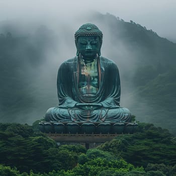 Giant Buddha Statue Overlooking a Misty Landscape, The majestic figure merges with the fog, a sentinel of peace and enlightenment.