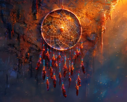 Native Dream Catcher Swirling in the Wind, The intricate web merges with the air, a protector of sleep and a catcher of dreams.