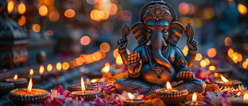 Ganesha Idol Serenely Sitting Among Diwali Lights, The blurred glow of lamps creates an atmosphere of celebration and worship.