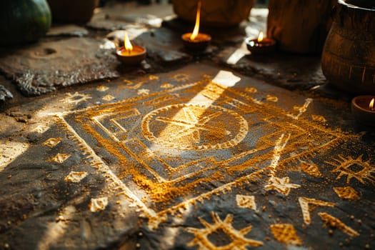 Vodou Veve Symbols Drawn in Flour for a Ceremony, The intricate lines spread out, carrying the power of connection to the divine.