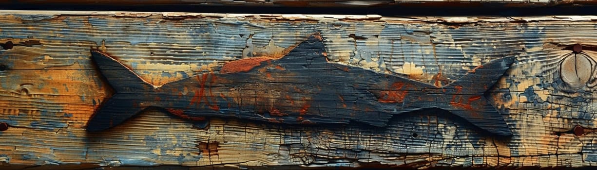 Christian Fish Symbol Etched onto a Weathered Pier, The simple outline blends into the wood, signifying faith and fellowship.