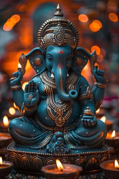 Ganesha Idol Serenely Sitting Among Diwali Lights, The blurred glow of lamps creates an atmosphere of celebration and worship.