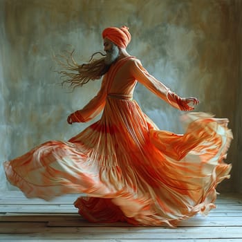 Sufi Whirling Dervish Skirts in Gentle Rotation, The skirts' motion blurs, capturing the spiritual ecstasy and devotion of the dance.