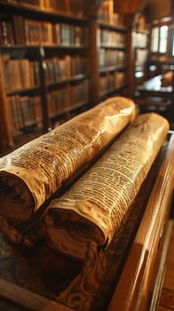 Torah Scrolls Safely Housed in a Softly Lit Ark, The sacred text blurs slightly, emphasizing the reverence and tradition it holds.