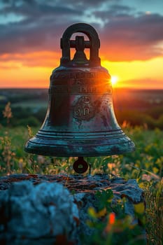Brass Church Bell Silhouetted Against the Sunset, The bell merges with the dusk, a traditional call to prayer and gathering.