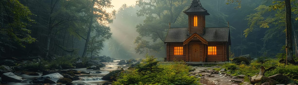 Rustic Wooden Chapel Nestled in Serene Nature, The outline of the humble structure merges with the tranquility of its surroundings.