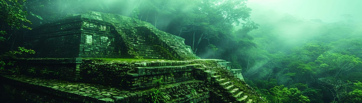 Mayan Pyramid Edges Blurring into a Jungle Canopy, The structure's silhouette merges with the foliage, a relic of Mesoamerican spirituality.
