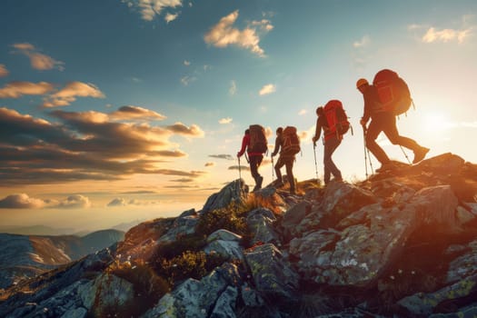 A group of friends reach the summit of a mountain, their silhouettes set against the warm glow of the setting sun, depicting triumph and camaraderie