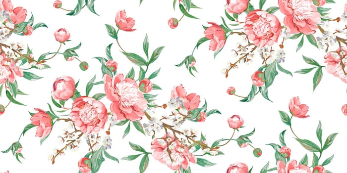 Seamless realistic pattern drawn with pink peonies in a classic oriental style