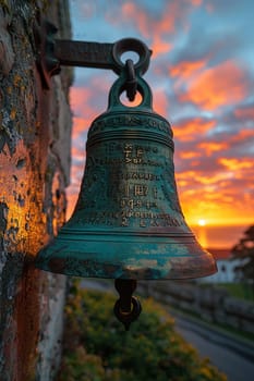 Brass Church Bell Silhouetted Against the Sunset, The bell merges with the dusk, a traditional call to prayer and gathering.