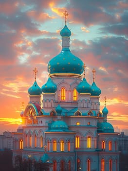 Orthodox Russian Onion Domes Against a Blurred Sky, The domes meld with the clouds, iconic of Russia's religious architecture and faith.