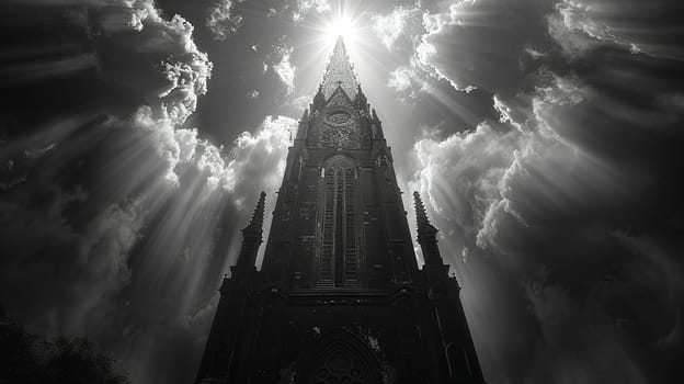 Gothic Church Spire Reaching Upward into a Cloudy Sky, The spire blurs into the heavens, a Gothic symbol of aspiration and belief.