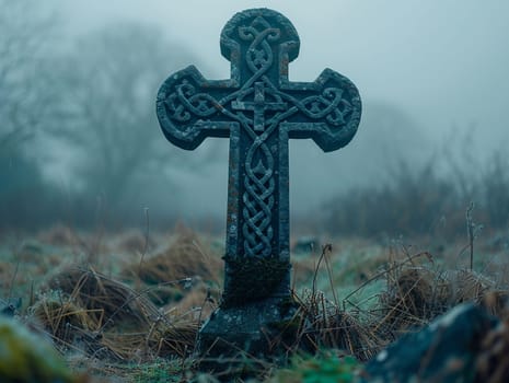 Celtic Cross Standing Solitary in a Misty Field, The cross melds into the morning mist, symbolizing faith and Celtic heritage.