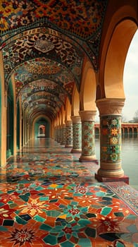 Islamic Geometric Patterns Cascading Across a Mosque Wall, The complex designs blend into a testament to creativity and divine inspiration.