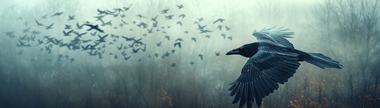 Norse God Odin's Ravens in Flight, Their shapes blending into the sky, messengers of wisdom and war.