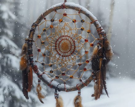 Native Dream Catcher Swirling in the Wind, The intricate web merges with the air, a protector of sleep and a catcher of dreams.