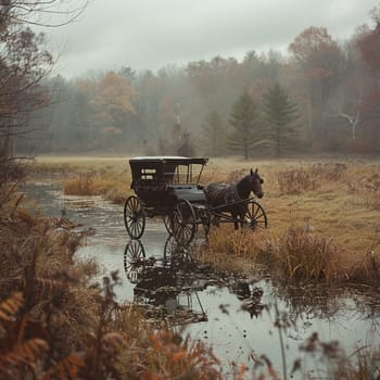 Amish Horse and Buggy Blending into a Rural Landscape, The simple life blurs into the fields, a dedication to community and tradition.