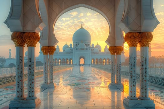 Islamic Architecture with Domes and Arches in Soft Focus, The contours blur into a skyline, symbolizing the beauty and intricacy of Islamic design.