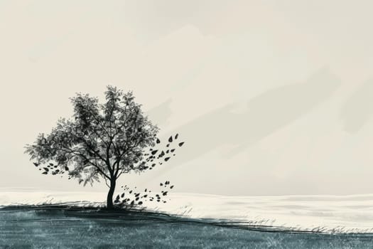 Stark black and white illustration featuring a solitary tree with leaves dispersing in the wind, set against rolling hills.