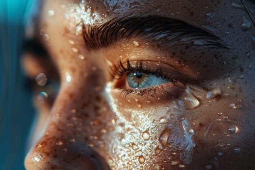 An extreme close-up of a blue eye surrounded by skin with water droplets, capturing the beauty of detailed skin texture