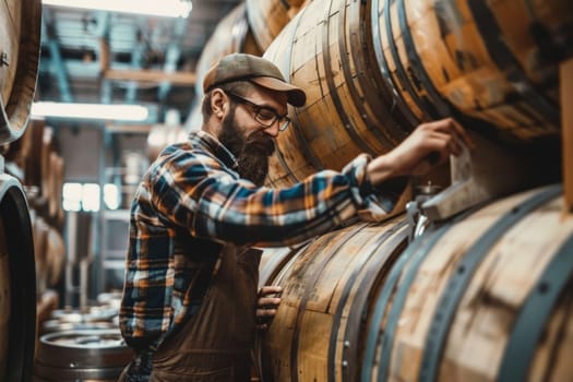 An attentive craft brewmaster inspects wooden barrels used for aging beer, focusing on the quality for optimal flavor development.