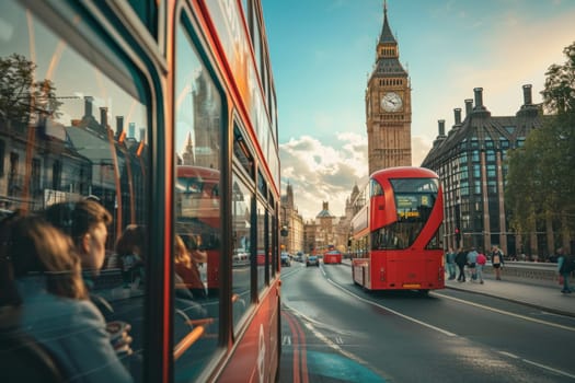 Iconic red double-decker bus travels through the streets of London with the historic Big Ben and the Houses of Parliament in the background.