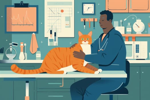 A gentle veterinarian performs a wellness check on a relaxed tabby cat, in a cozy veterinary clinic, illustrating the bond between pets and caregivers