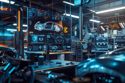 A technician operates advanced diagnostic equipment in a modern automotive repair shop, with high-performance cars in the background