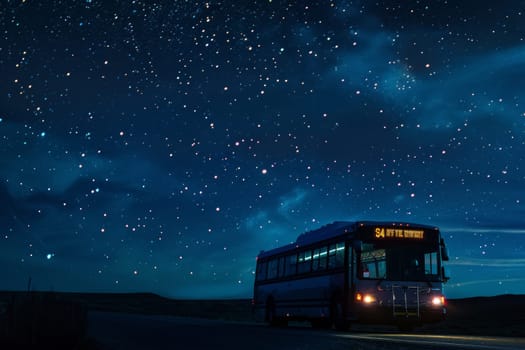 A bus travels through the night under a starlit sky, offering a tranquil nocturnal scene.