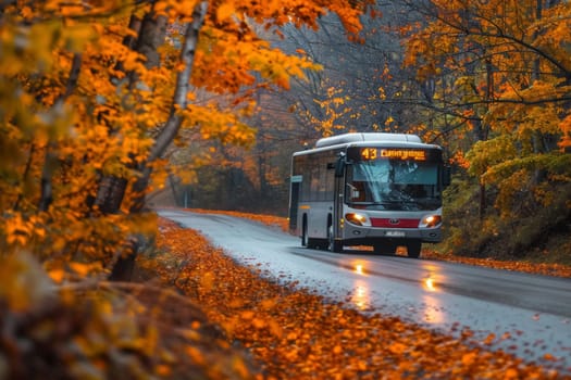 A bus driving on a road flanked by vibrant autumn foliage, a scene of seasonal travel.